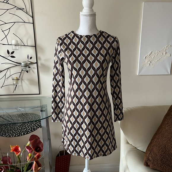 Zara Jacquard Knit Brown Geometric Retro Print Mini Shift Dress Size Small NWT - Picture 5 of 15